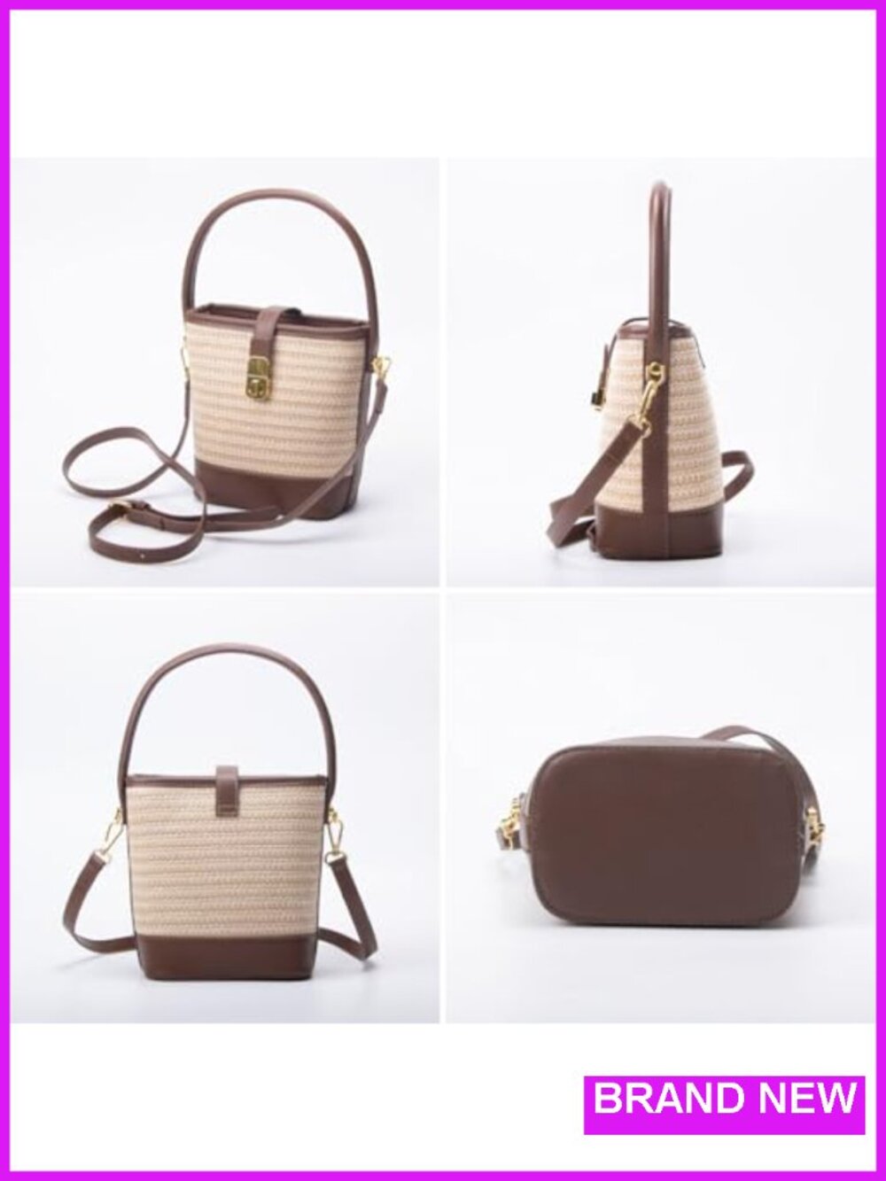 Natural Straw Crossbody Bag Small Top Handle Purse with Twist Lock Woven Summer - Picture 4 of 6